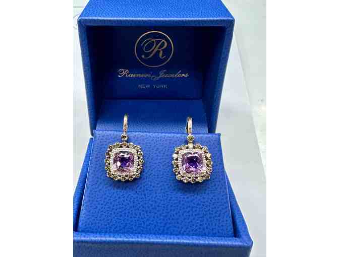 14kt. Rose Gold Earrings, set with Genuine Amethyst, and Brown and White Natural Diamonds.