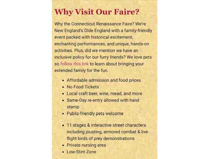 1 TICKETS: CT Renaissance FAIRE (2 passes, Any date, Fall 2025)