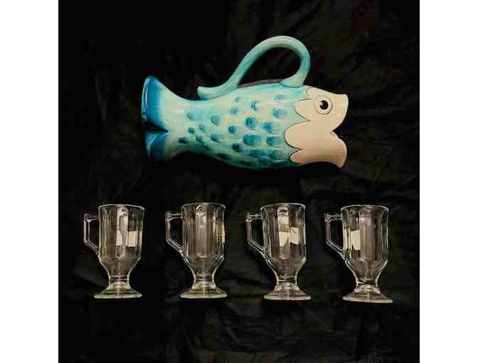 1 FISH: Pitcher + 4 Teal Glasses (Set of 5)