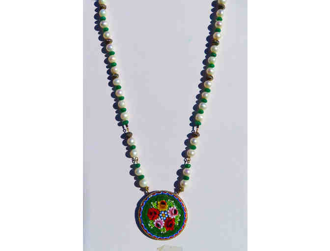 Micro Mosaic Vintage Green Flower Pendant with Pearls, Green Swarovski Crystals-Lot 34